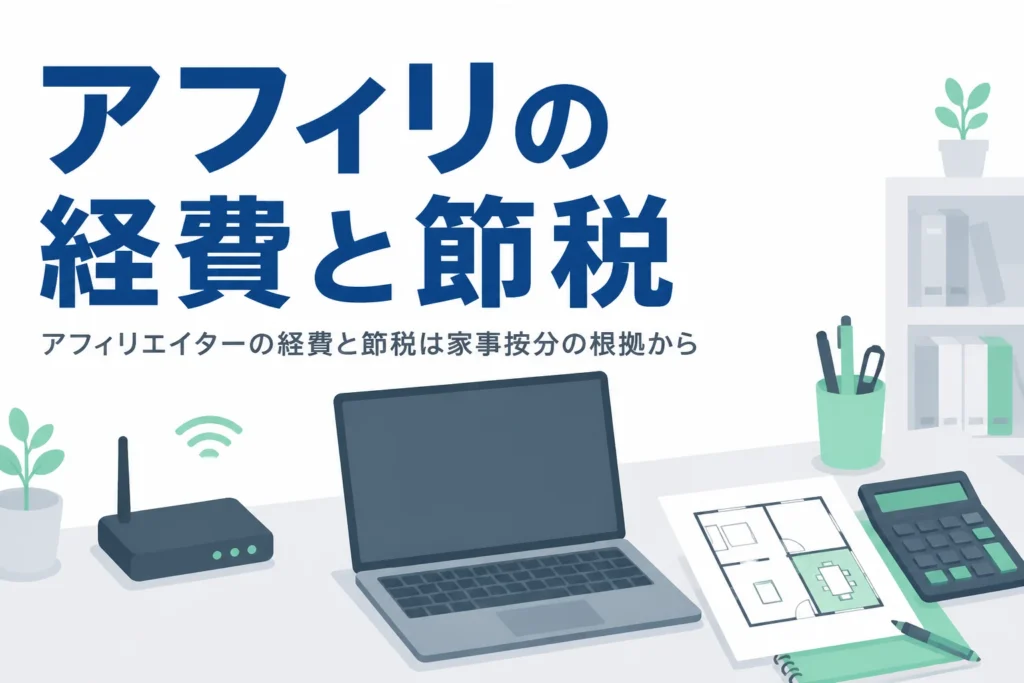 アフィリエイターの経費と節税を、自宅の家賃・通信費の按分とツール代の計上から解説する記事のアイキャッチ