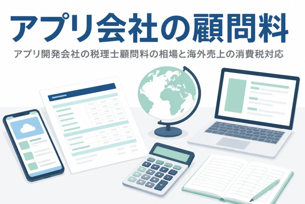 アプリ開発会社の税理士顧問料の相場と、ストア手数料や海外売上の消費税の扱いを解説する記事のアイキャッチ