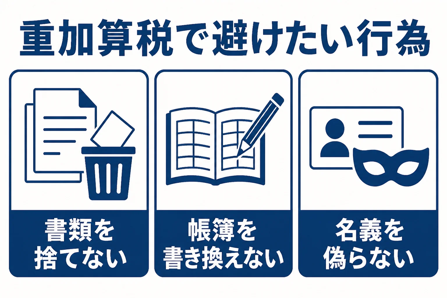 重加算税と見なされないために避けたい3つの行為を示した図解