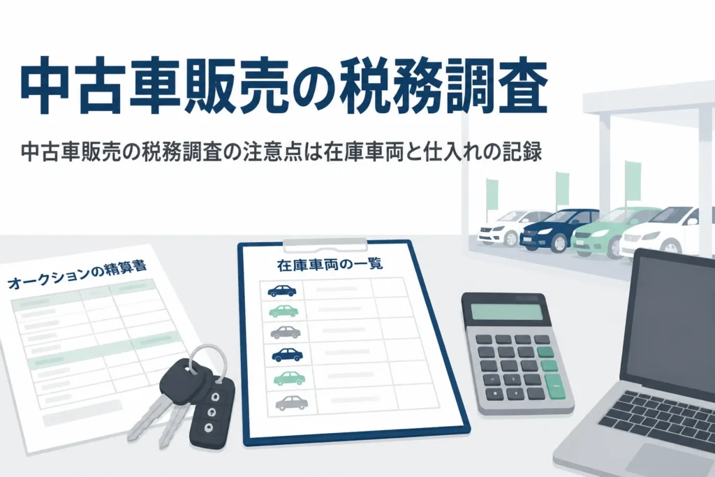 中古車販売の税務調査で注意したい在庫車両の評価とオークション仕入れの記録を解説する記事のアイキャッチ