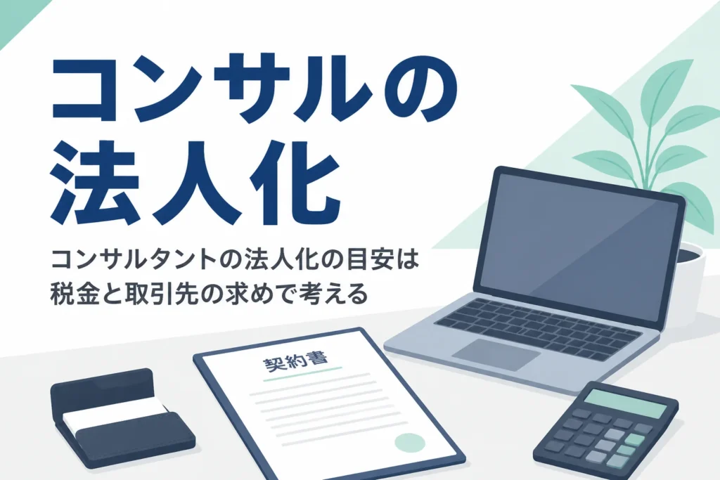 コンサルタントが法人化を考える目安と、大手企業との取引で法人格を求められる場面を解説する記事のアイキャッチ
