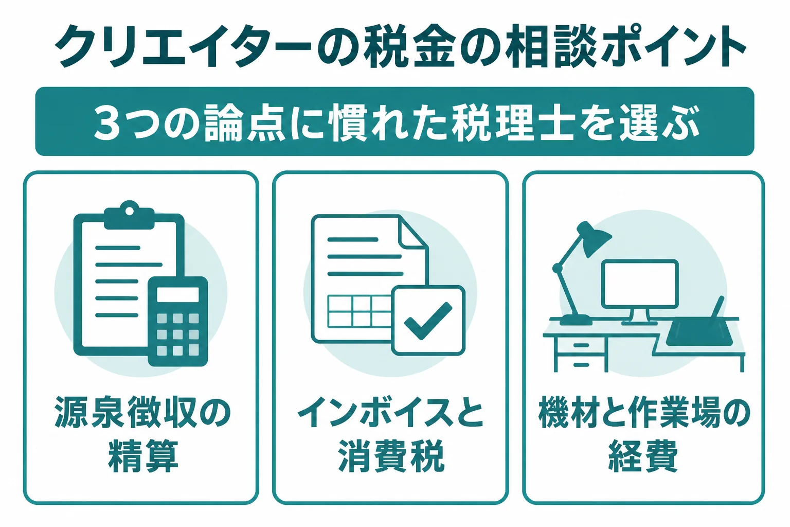 クリエイターが税理士に相談したい源泉徴収・インボイス・機材の経費の3つの論点をまとめた図解