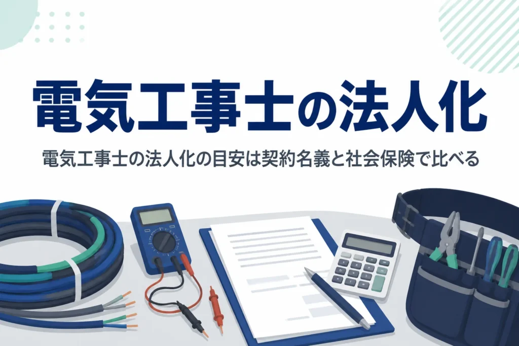 電気工事士が法人化の目安を、元請けとの契約名義と社会保険の負担から比べる記事のアイキャッチ