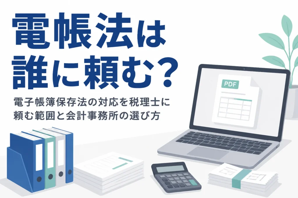 電子帳簿保存法の対応を税理士にどこまで頼めるかと、会計事務所の選び方を解説する記事のアイキャッチ
