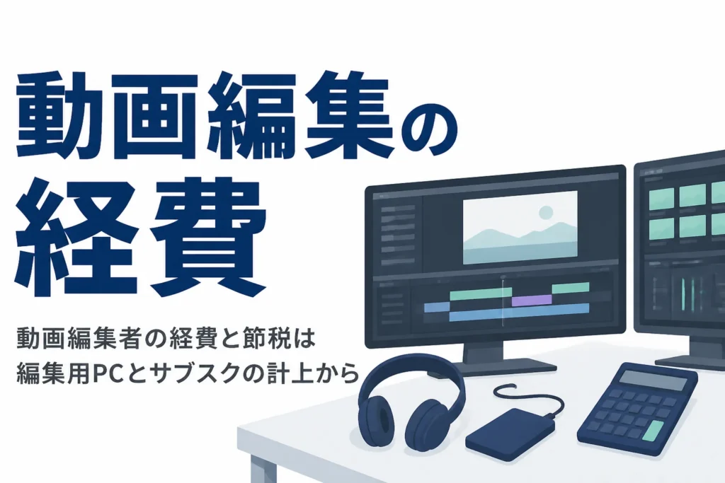 動画編集者の経費と節税を、編集用PC・編集ソフトのサブスク・素材代の計上から解説する記事のアイキャッチ
