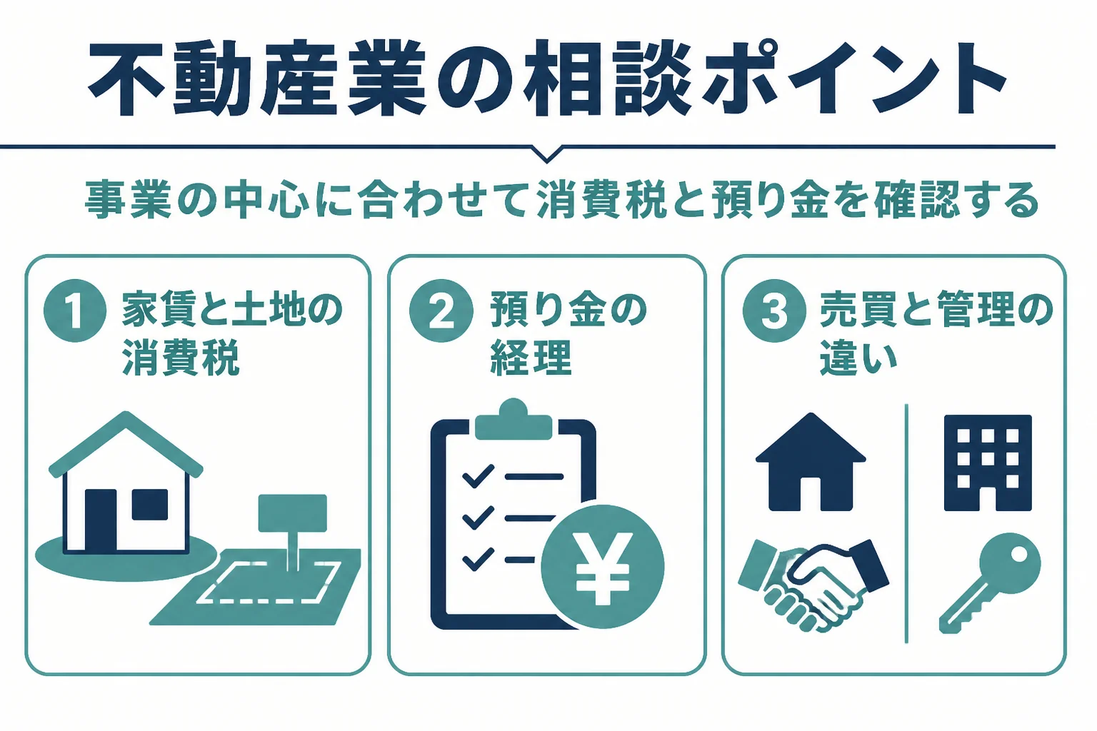 不動産業が税理士に相談したい3つの論点の図解