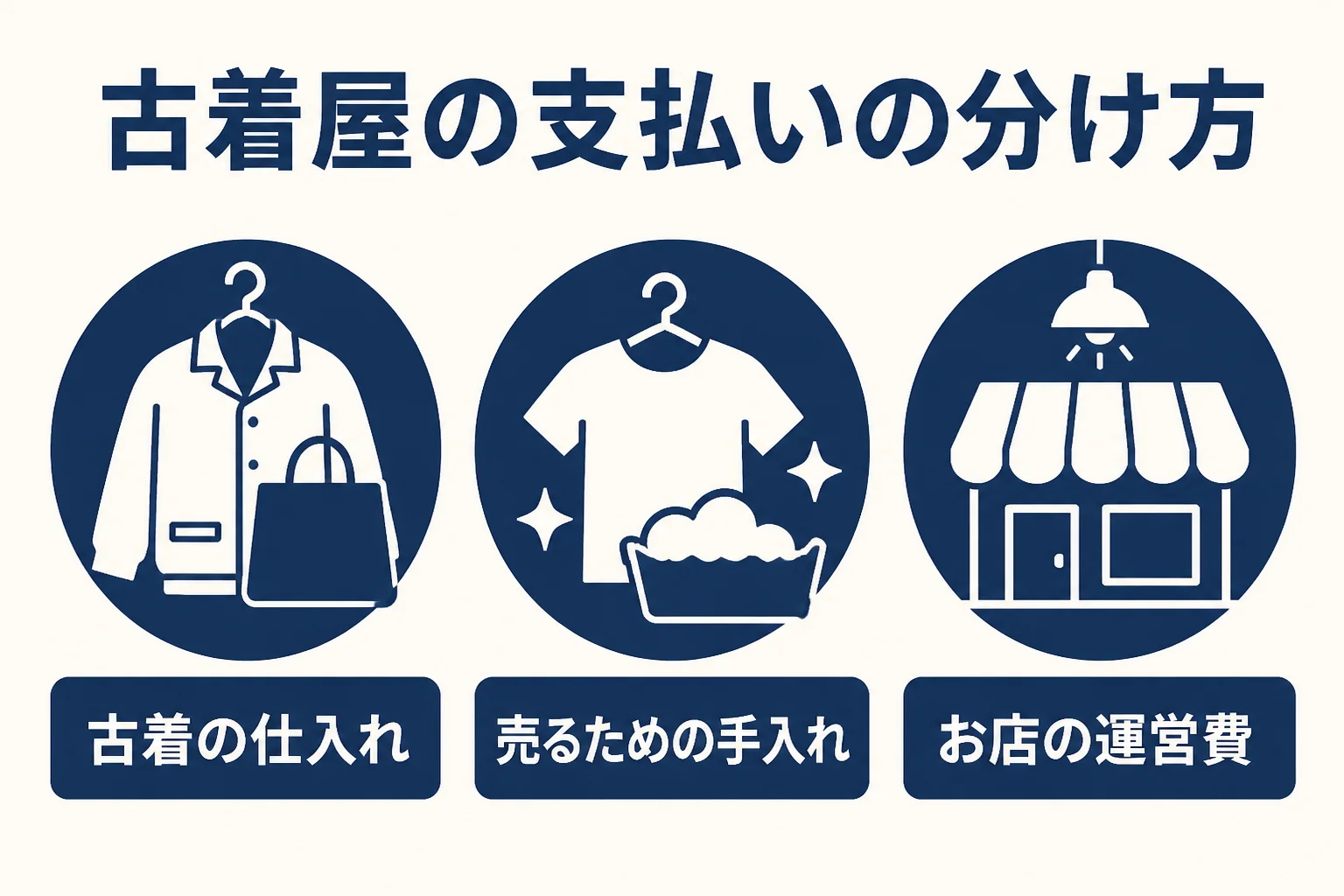 古着屋の支払いを、仕入れ、売れる状態にする費用、お店の運営費に分けて考える図解