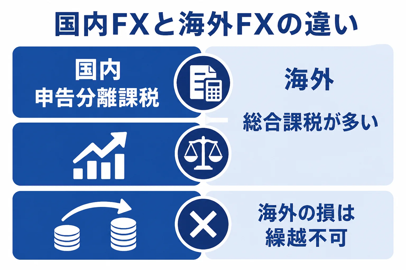 国内FXと海外FXで課税方法と損失の扱いが違うことを比べた図解