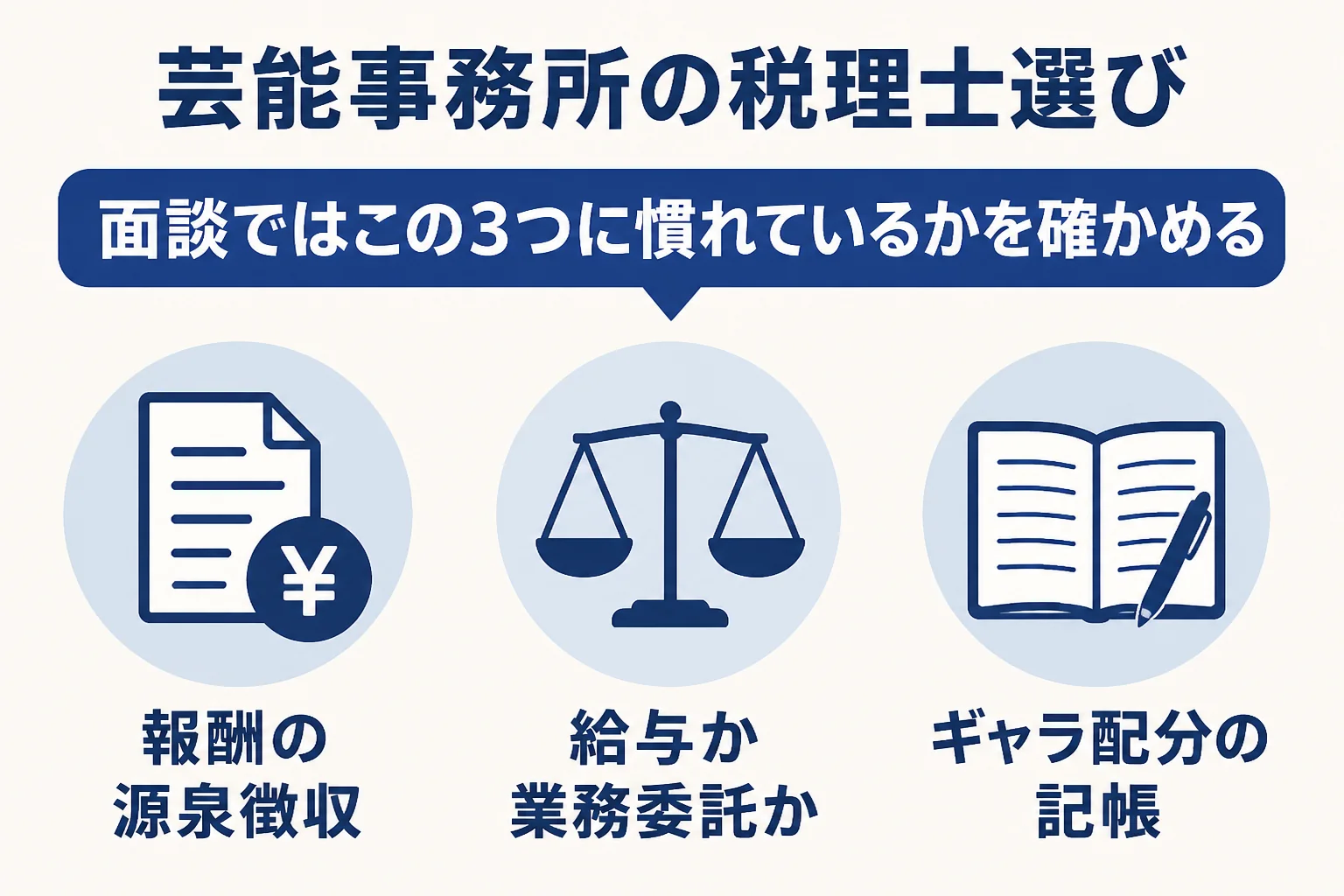 芸能事務所の税理士選びで見る3つの点を表した図解