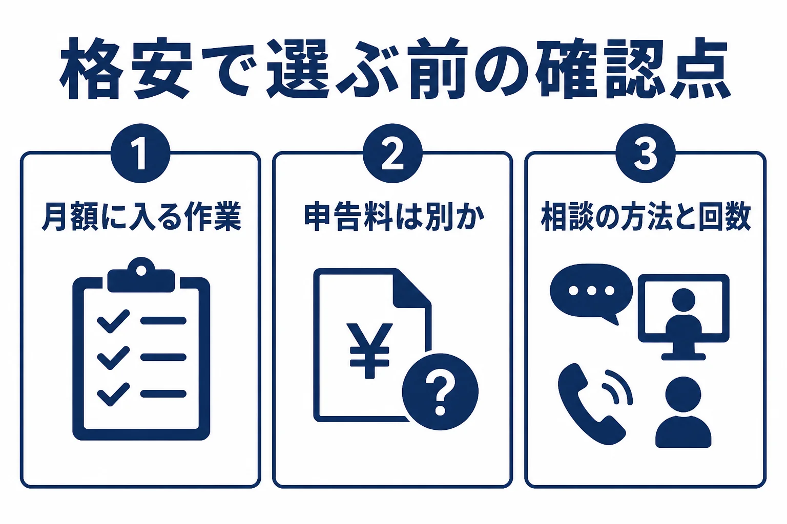 格安の税理士に頼む前に確かめたい3つの点をまとめた図解