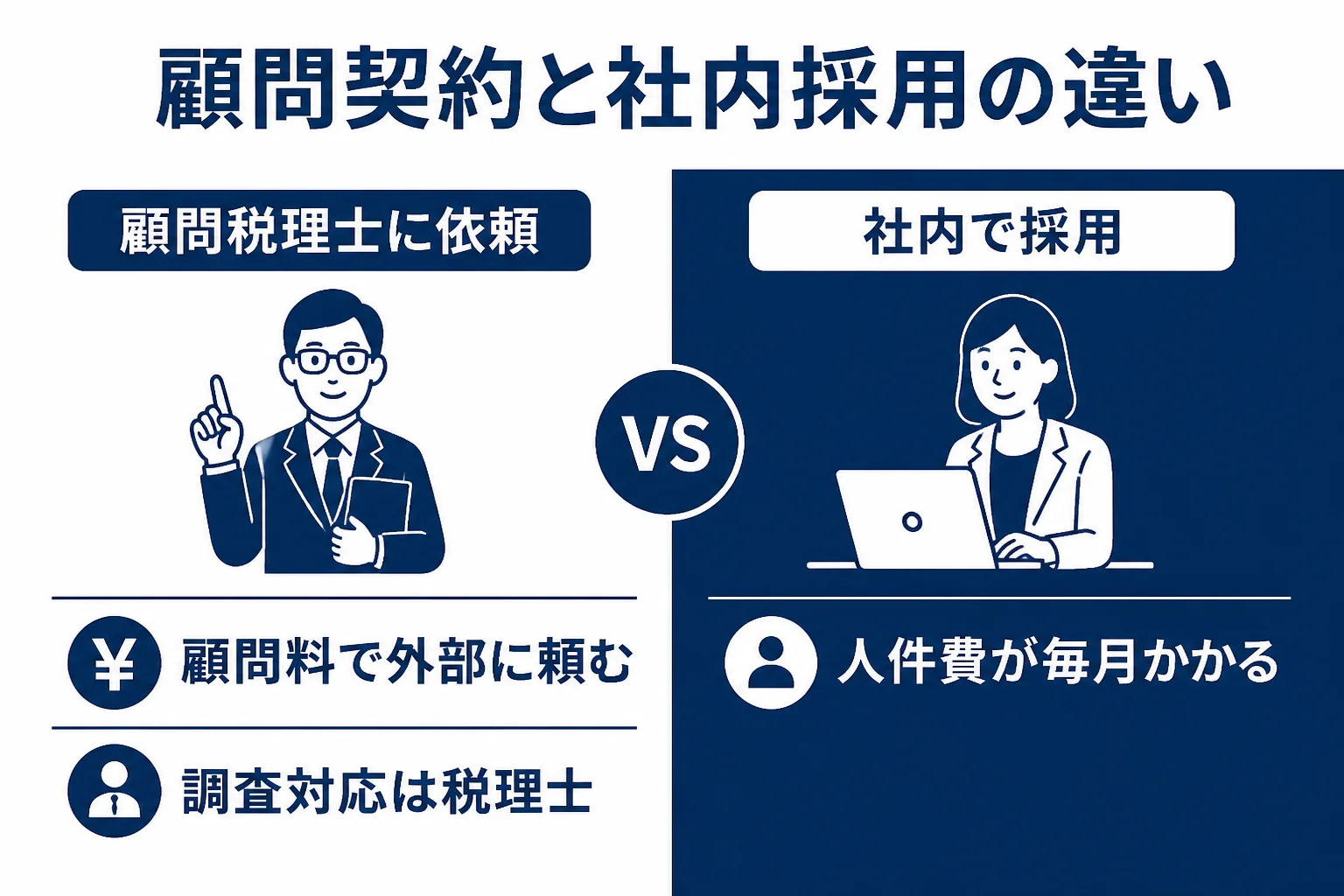 顧問契約と社内採用の費用とできることの違いを比べた図解