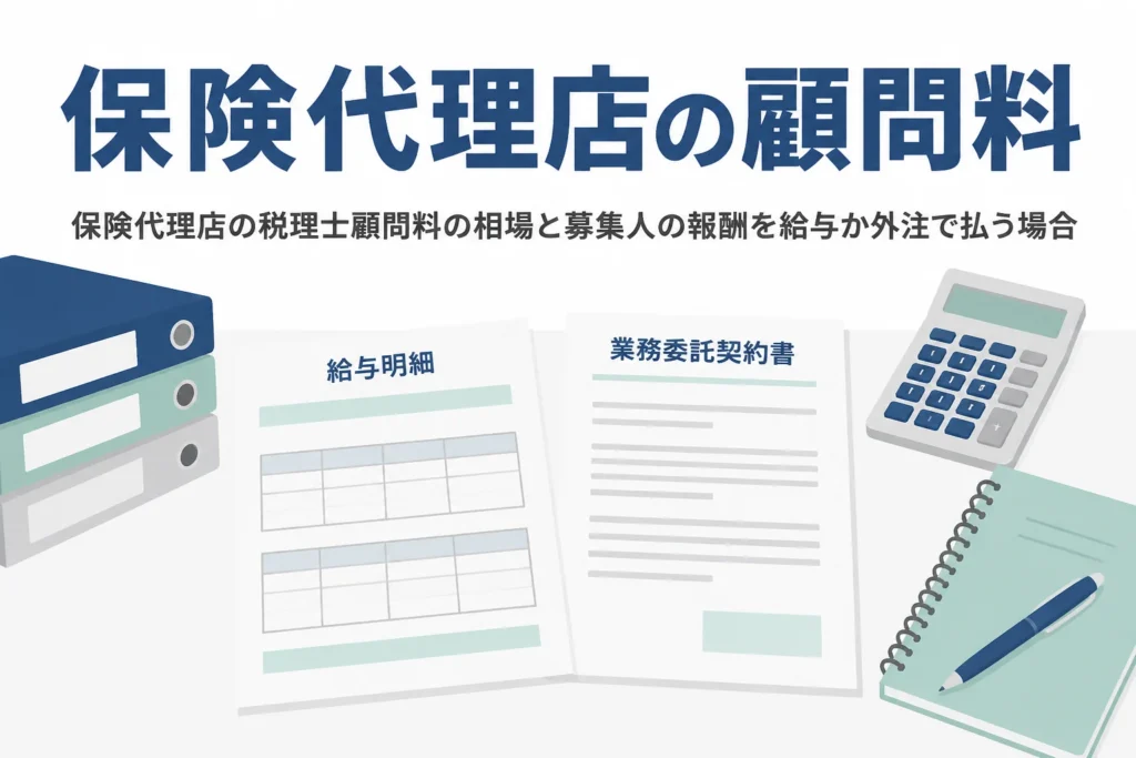保険代理店の税理士顧問料の相場と募集人の報酬を給与か外注かで払う場合の費用を解説する記事のアイキャッチ