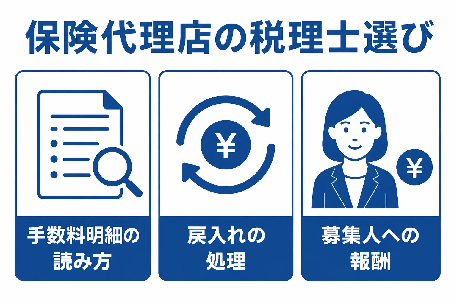 保険代理店が税理士を選ぶ時に確認したい3つの点を示した図解