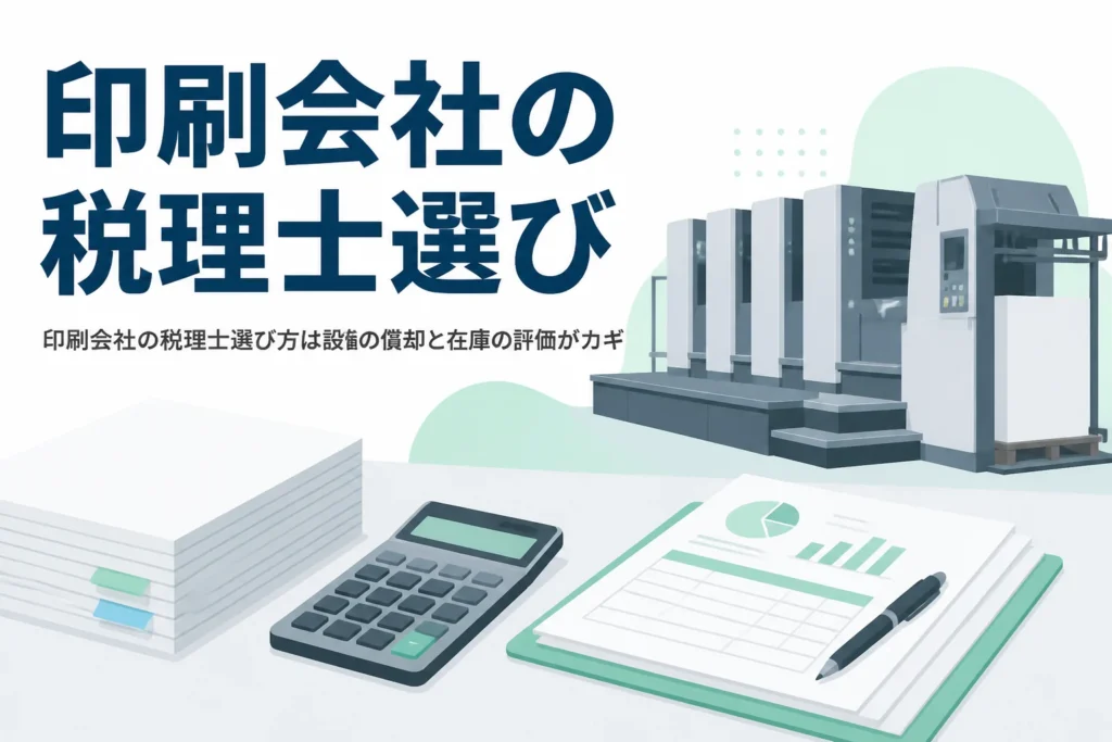 印刷会社の税理士選び方を、印刷機の償却と紙の在庫の評価から解説する記事のアイキャッチ
