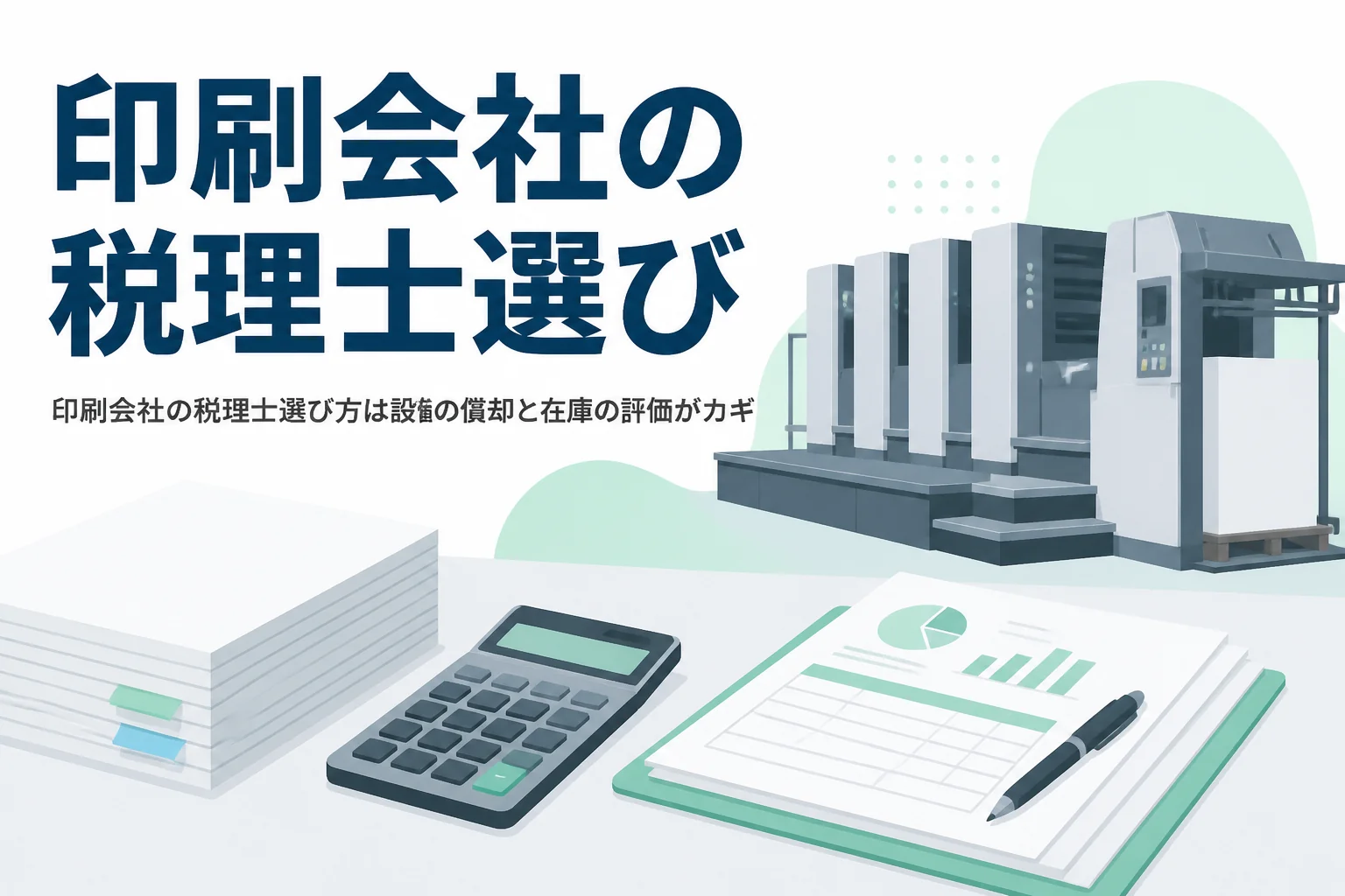 印刷会社の税理士選び方を、印刷機の償却と紙の在庫の評価から解説する記事のアイキャッチ