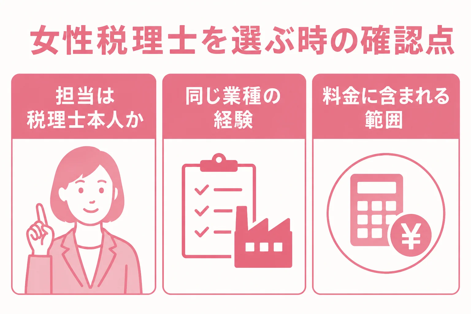 女性税理士を探す時に確かめたい担当者・業種経験・料金の3点を表した図解
