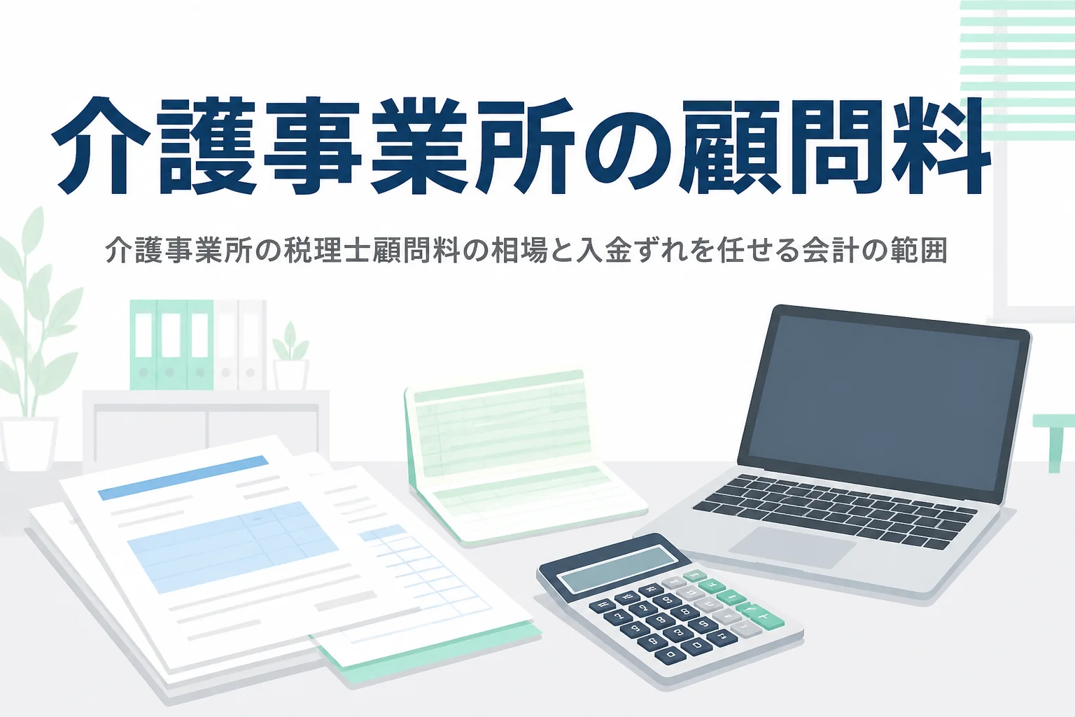 介護事業所の税理士顧問料の相場と、介護報酬の入金ずれを任せる会計の範囲を解説する記事のアイキャッチ