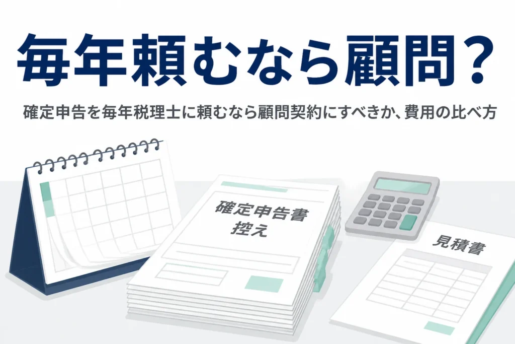 確定申告を毎年税理士に頼む人が顧問契約にすべきかと費用の比べ方を解説する記事のアイキャッチ