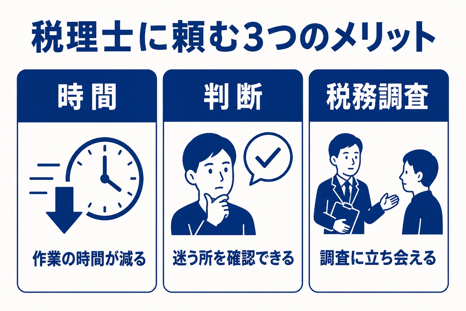 確定申告を税理士に頼むメリットを3つに分けて示した図解