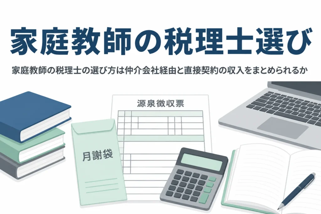家庭教師が税理士を選ぶ時に、仲介会社経由と直接契約の収入をまとめて申告できるかを見るポイントを解説する記事のアイキャッチ