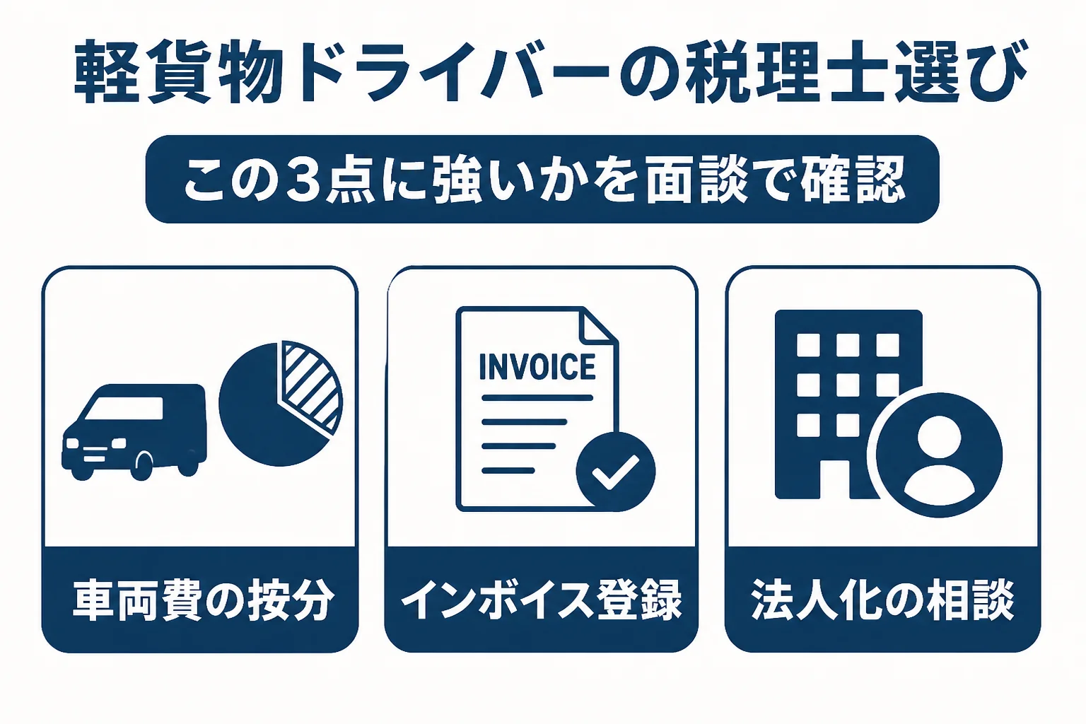 軽貨物ドライバーが税理士を選ぶ時に確認したい3つの点を示した図解
