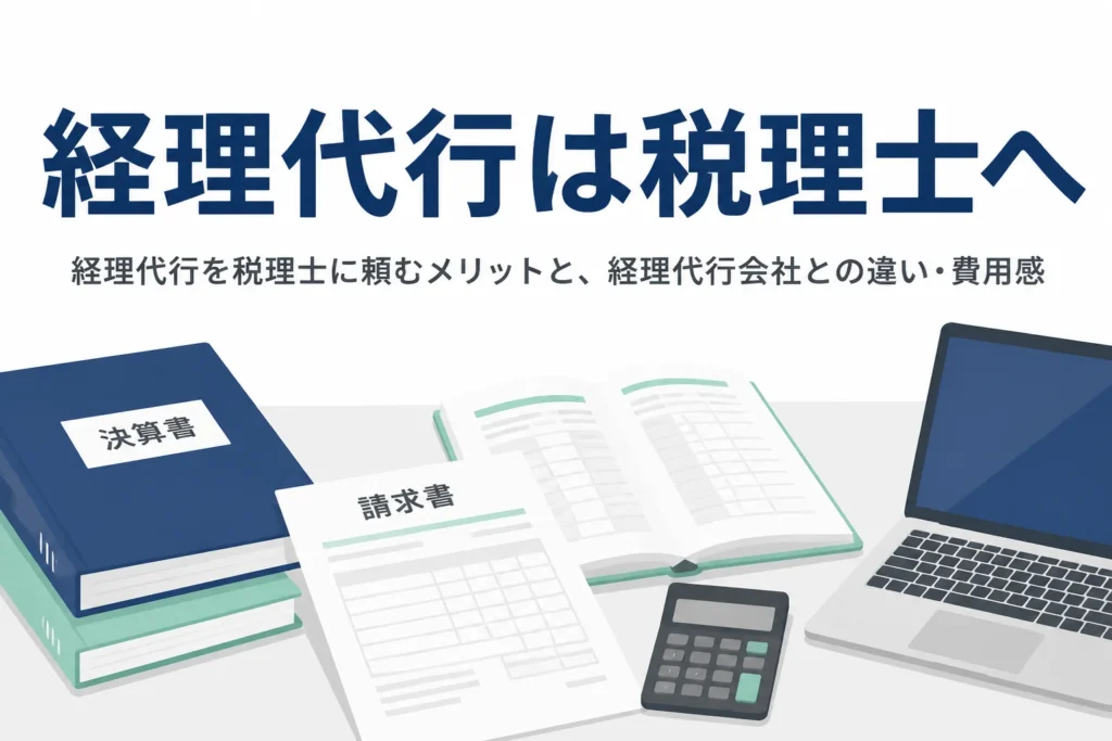 経理代行を税理士に頼むメリットと、経理代行会社との違いや費用感を解説する記事のアイキャッチ