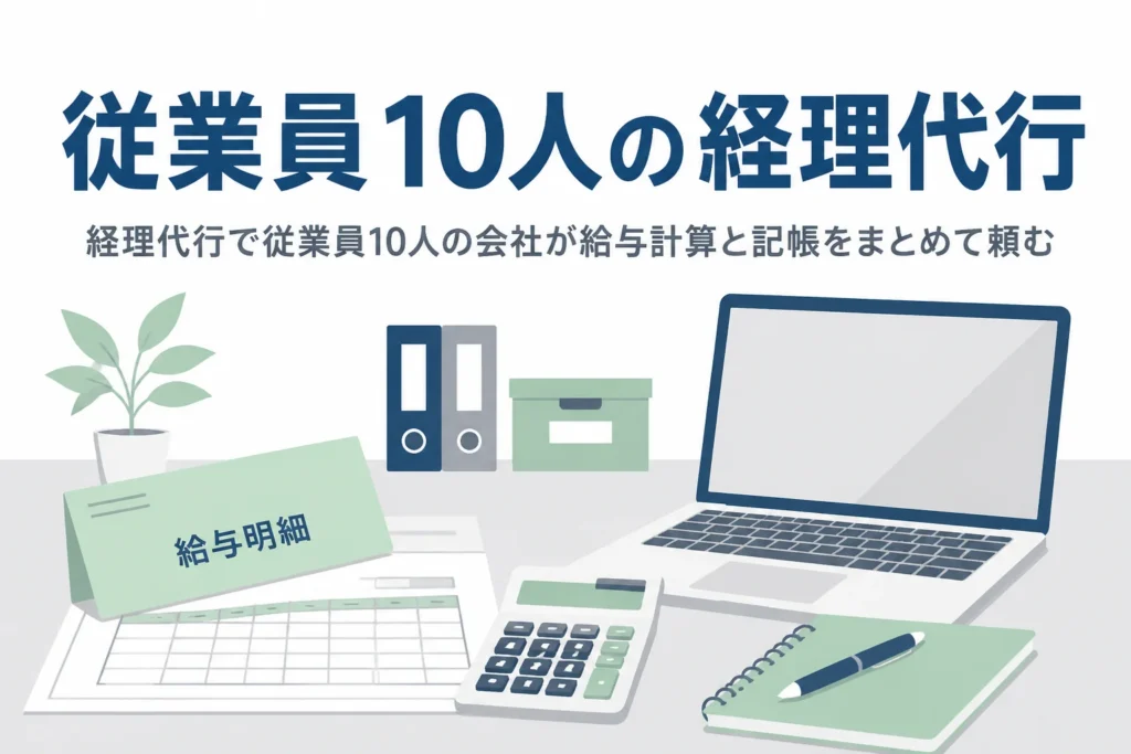従業員10人の会社が経理代行で給与計算と記帳をまとめて頼む方法を解説する記事のアイキャッチ