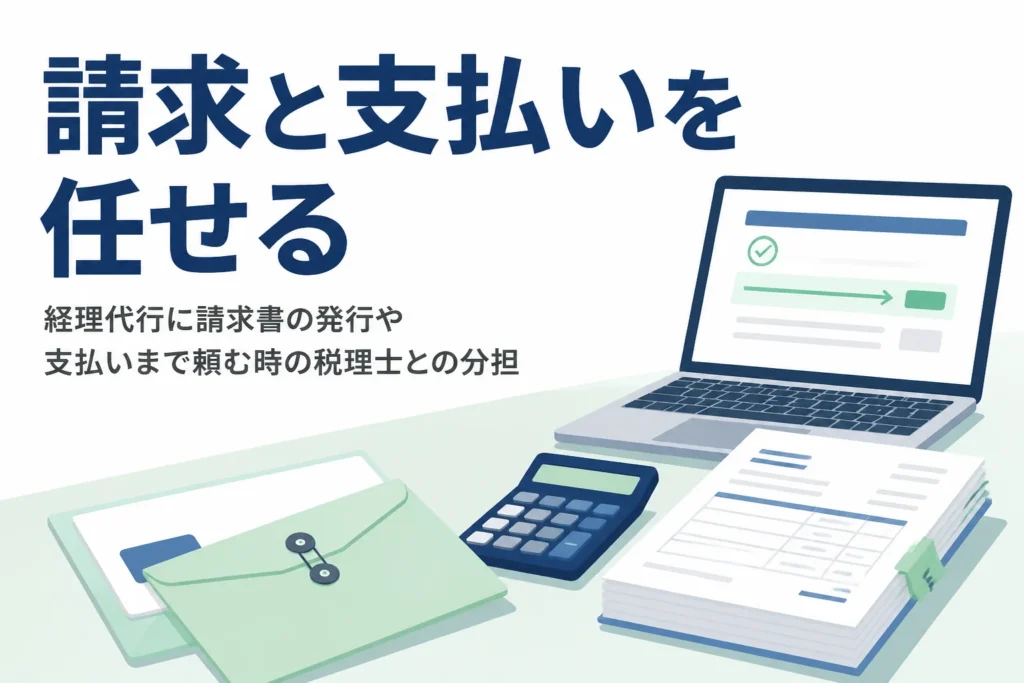 請求書の発行や支払いまで経理代行に頼む時の、税理士との分担のしかたを解説する記事のアイキャッチ
