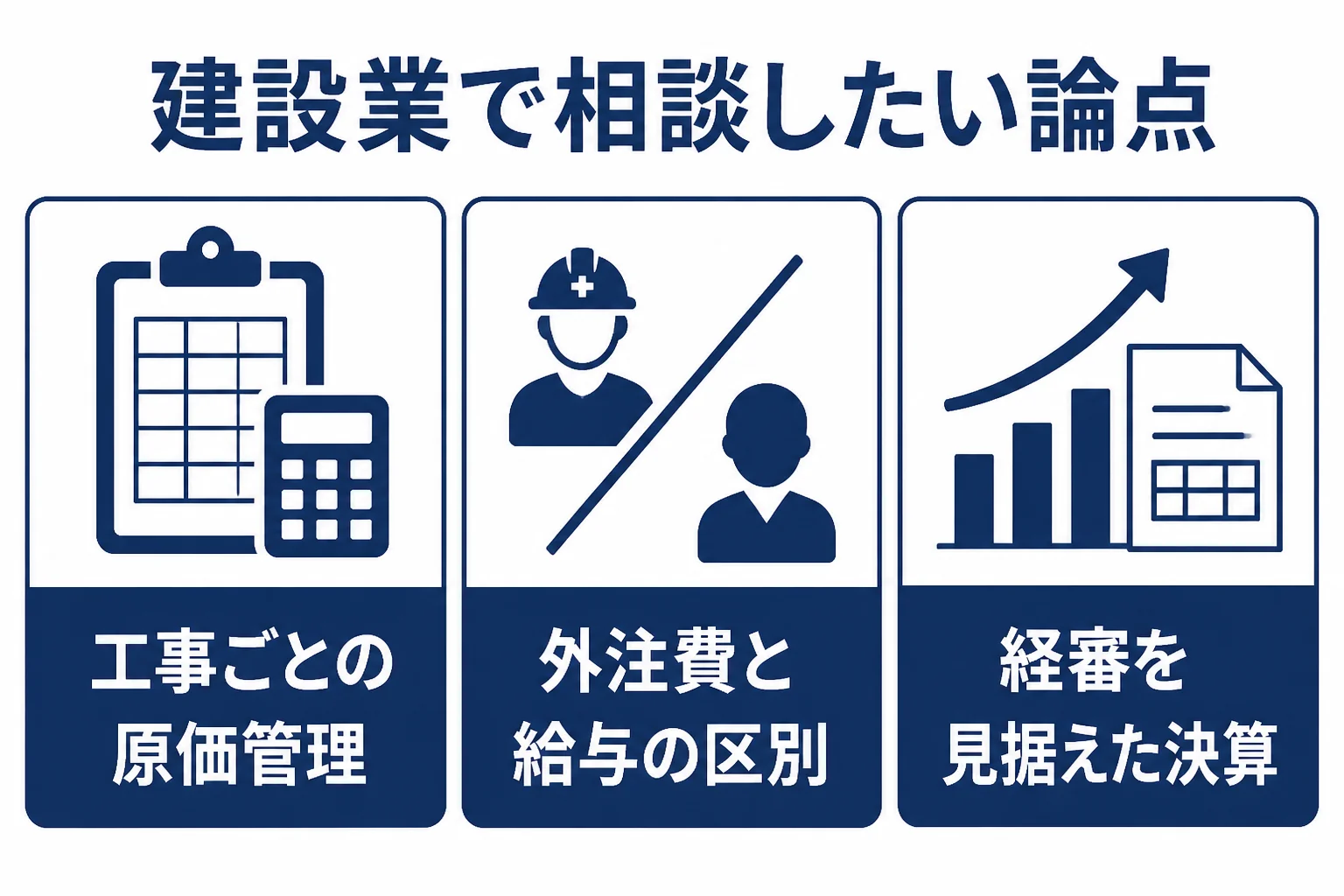 建設業の税務で税理士に相談したい3つの論点を表した図解