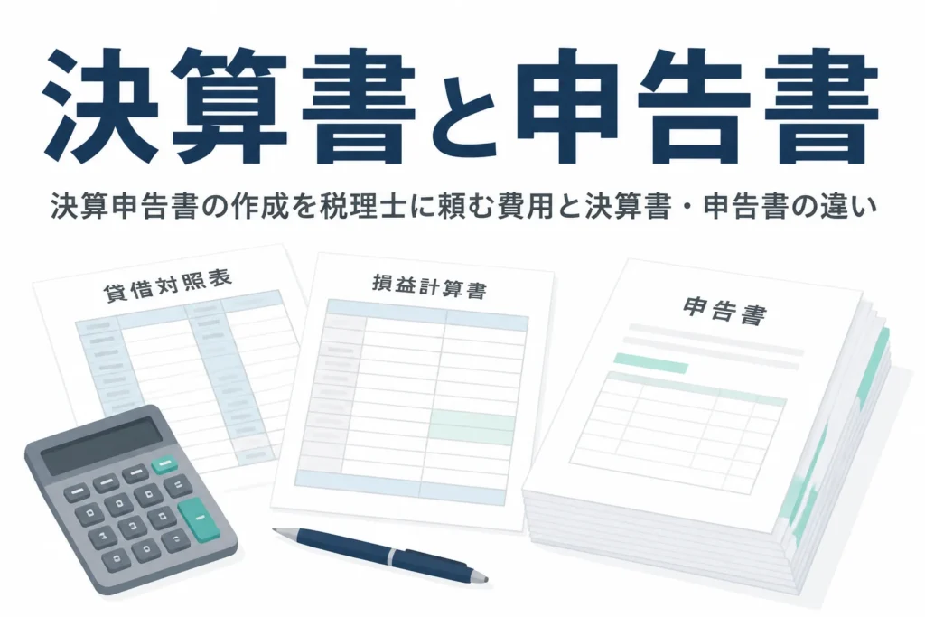 決算書と申告書の違いと、決算申告書の作成を税理士に頼む時の費用の目安を解説する記事のアイキャッチ