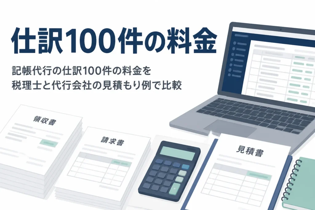 仕訳が月100件の記帳代行料金を、税理士と代行会社の見積もり例で比べる記事のアイキャッチ