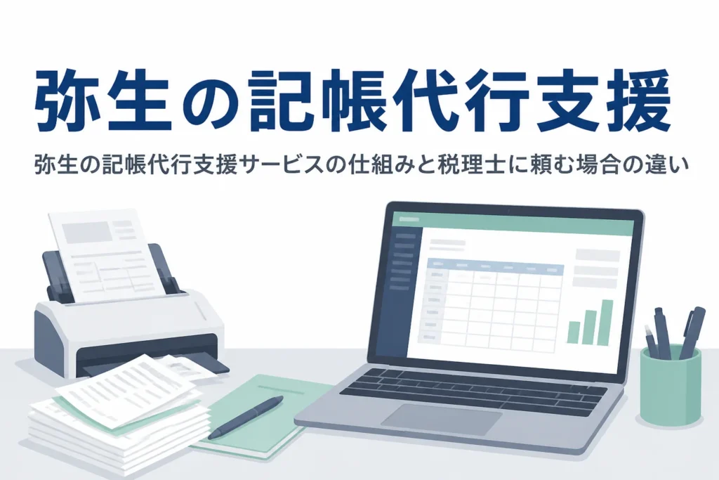 弥生の記帳代行支援サービスと税理士に頼む場合の違いを解説する記事のアイキャッチ
