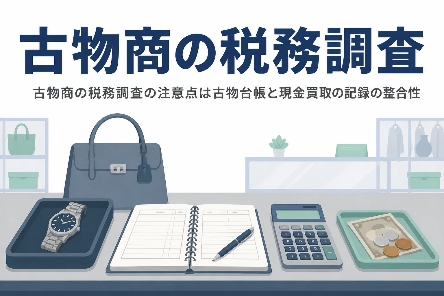 古物商の税務調査で注意したい古物台帳と現金買取の記録の整合性を解説する記事のアイキャッチ