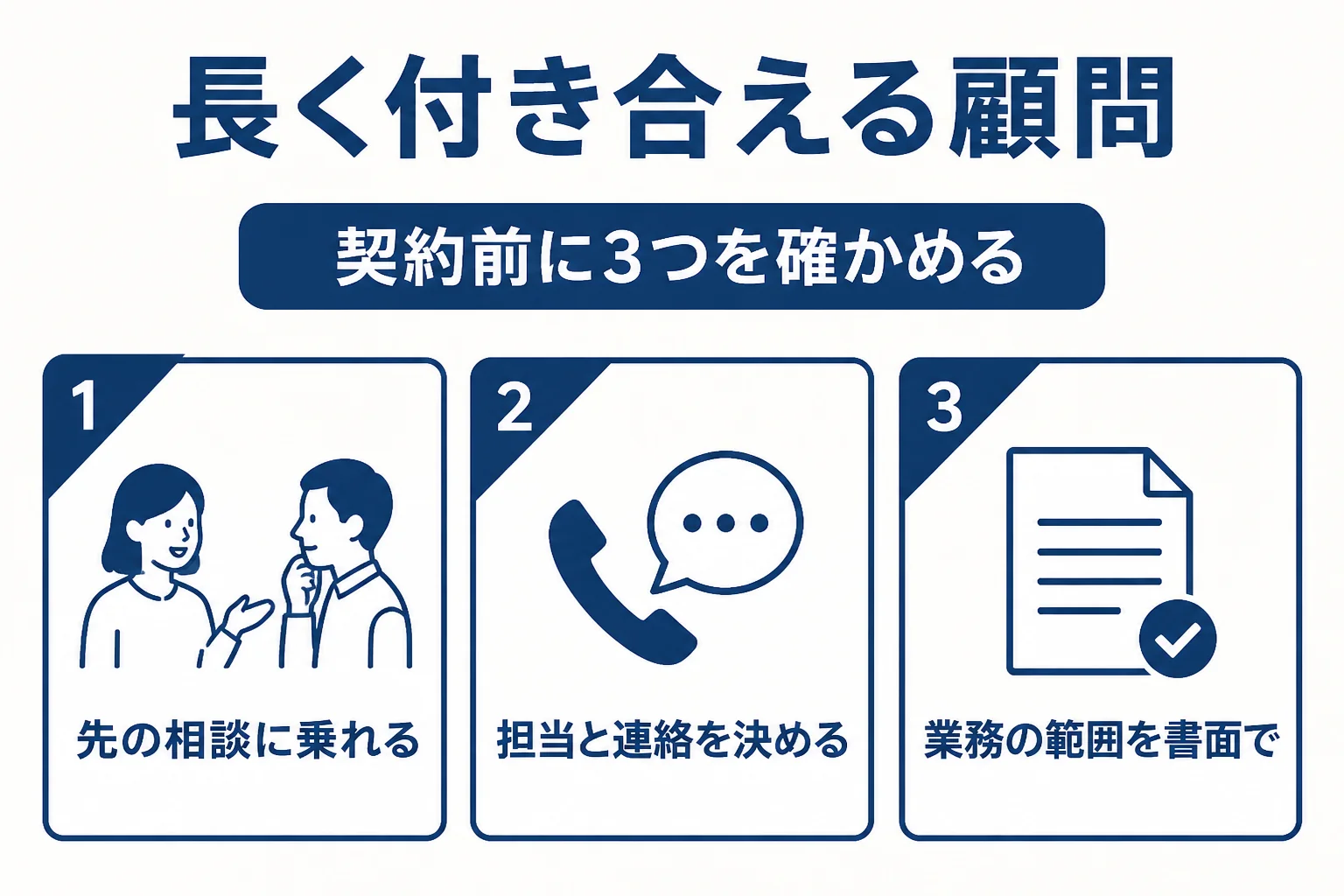 長く付き合える顧問税理士を見分ける先の相談・担当者・業務の範囲を示した図解