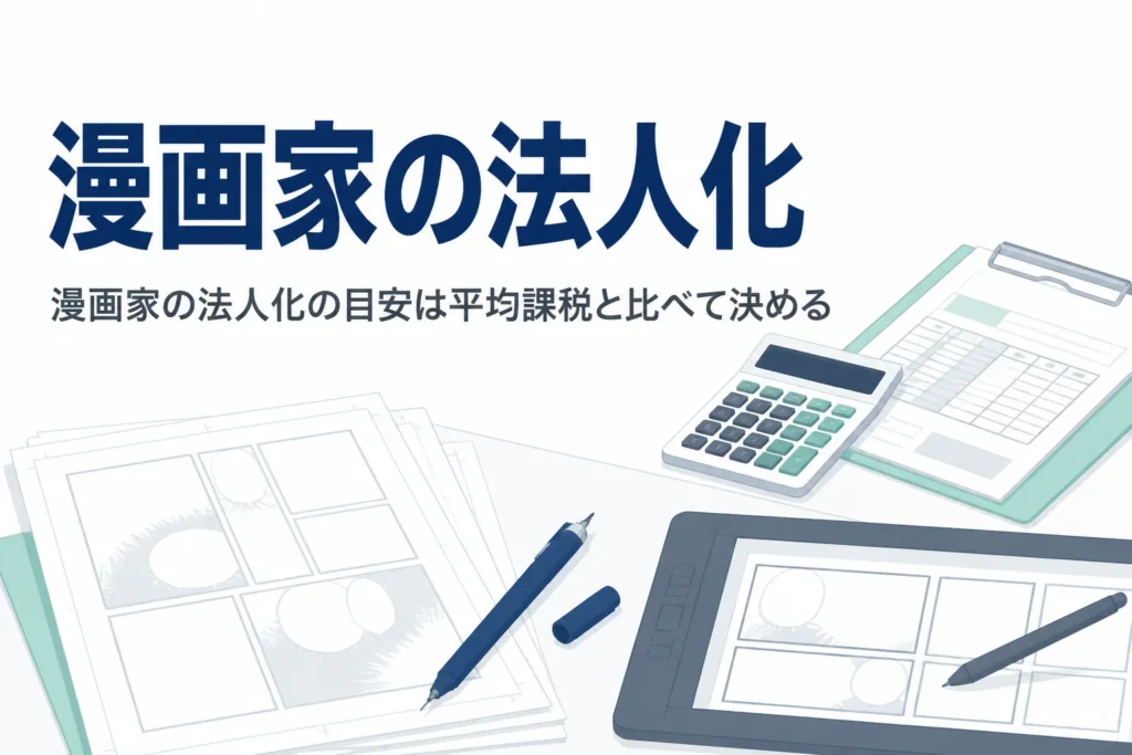 漫画家が法人化の目安を、印税の平均課税と会社の税金を比べて考える記事のアイキャッチ