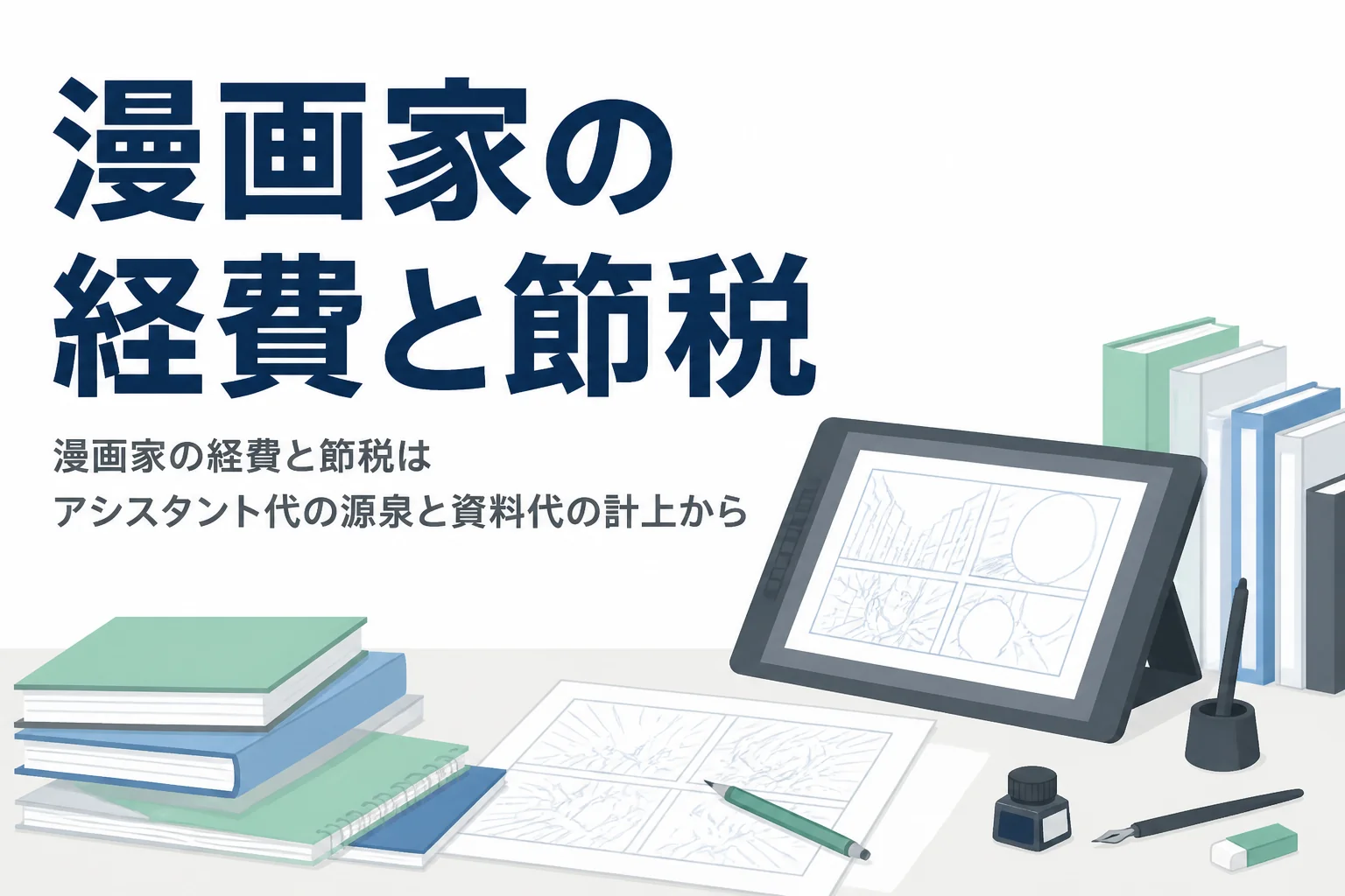 漫画家の経費と節税をアシスタント代の源泉徴収と資料用の書籍や画材の計上から解説する記事のアイキャッチ
