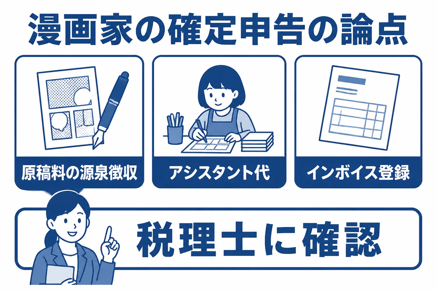 漫画家が確定申告で税理士に相談したい3つの論点を表した図解