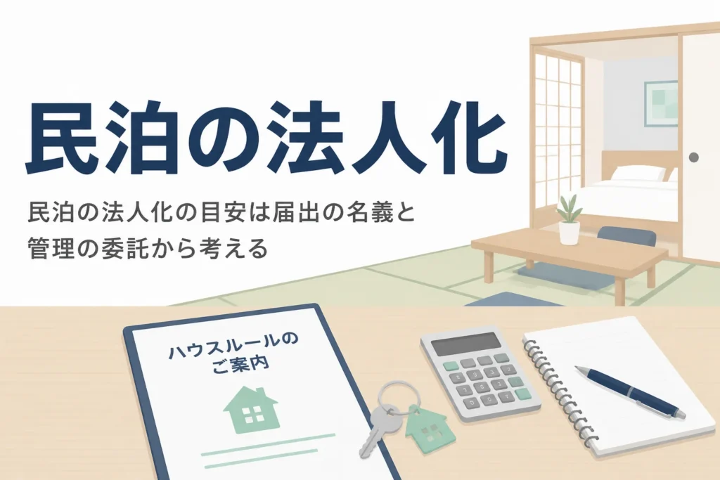民泊を法人化する目安と、住宅宿泊事業の届出の名義や借入の考え方を解説する記事のアイキャッチ