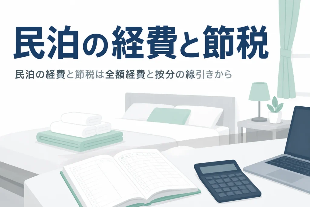 民泊の経費と節税について、家具家電やリネン費、清掃代行費の計上を解説する記事のアイキャッチ
