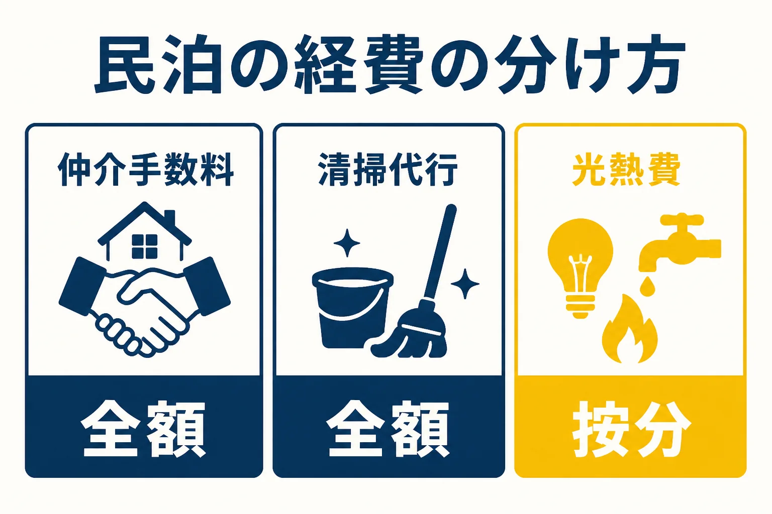 民泊の支払いを全額経費になるものと按分するものに分けて示した図解