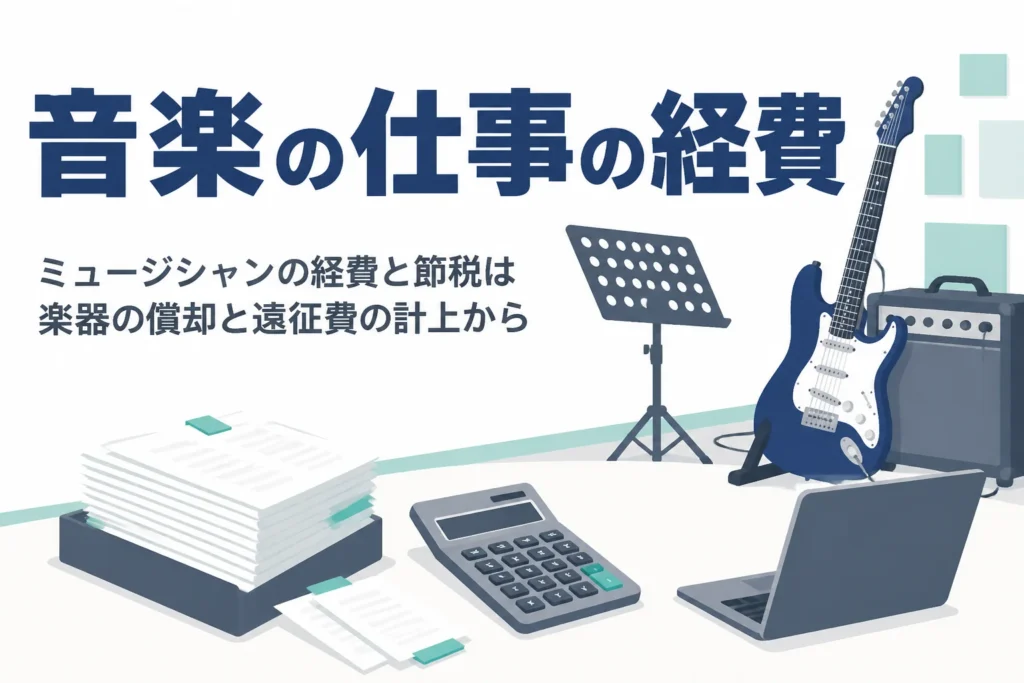 ミュージシャンの経費と節税を、楽器・機材の償却とスタジオ代・遠征費の計上から解説する記事のアイキャッチ
