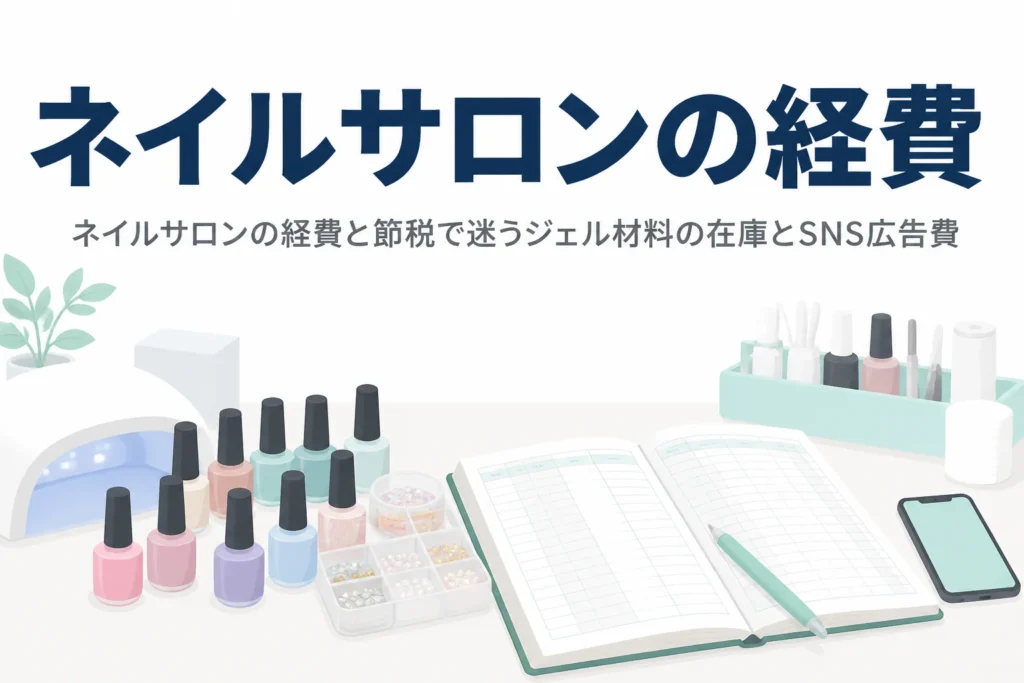 ネイルサロンの経費と節税で迷いやすいジェル材料の在庫とSNS集客の広告費の扱いを解説する記事のアイキャッチ
