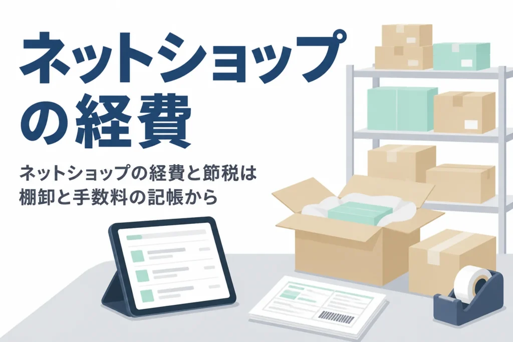 ネットショップの経費と節税を、在庫の棚卸とモール手数料・送料の計上から解説する記事のアイキャッチ
