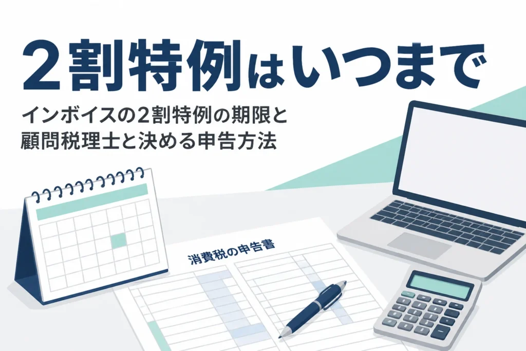 インボイスの2割特例がいつまで使えるかと、終了後の申告方法を顧問税理士と決める流れを解説する記事のアイキャッチ