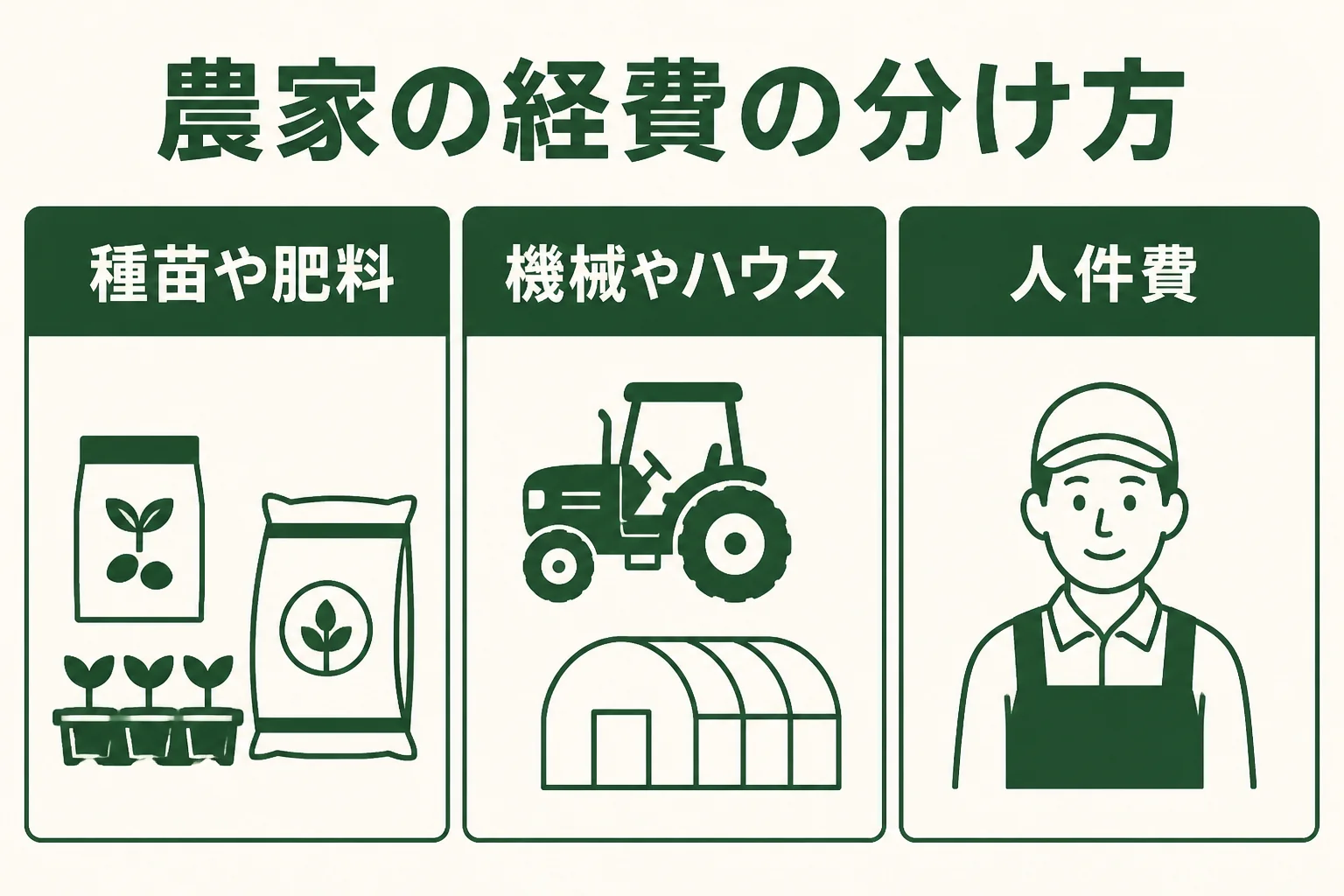 農家の経費を、毎年の資材費、機械やハウス、人件費の3つに分けて整理した図解