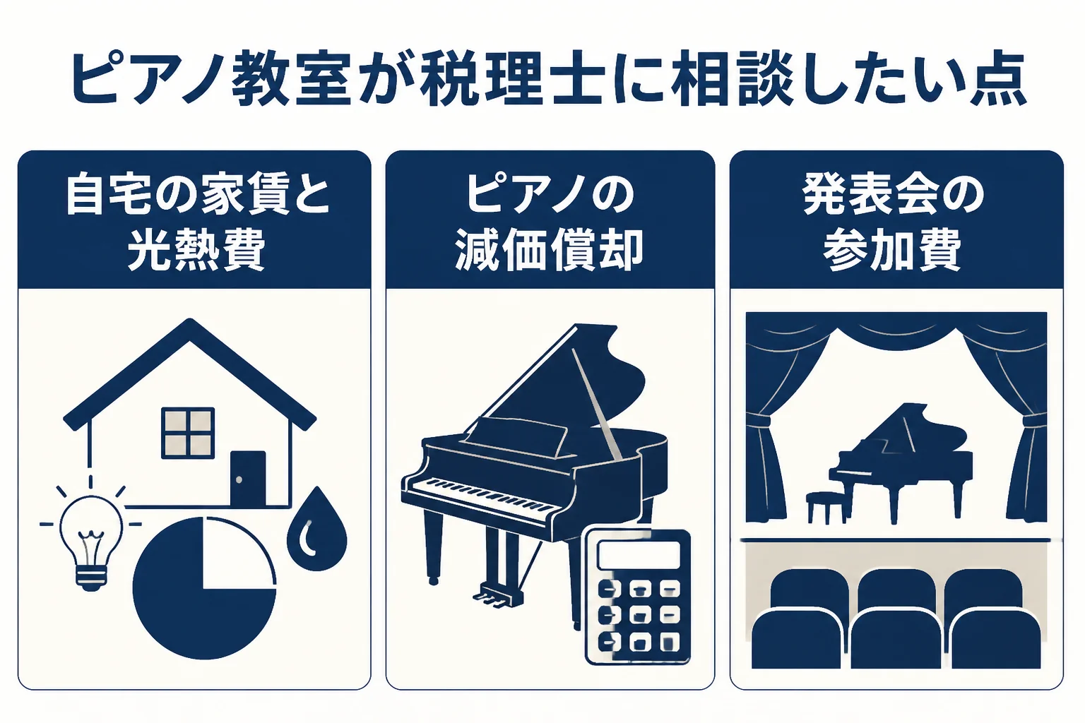 ピアノ教室が税理士を選ぶ時に確かめたい3つの相談ポイントを示した図解