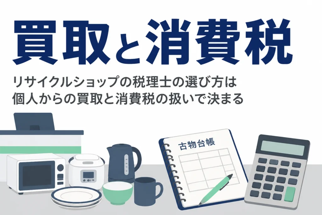 リサイクルショップが個人からの買取と消費税に強い税理士を選ぶ基準を解説する記事のアイキャッチ