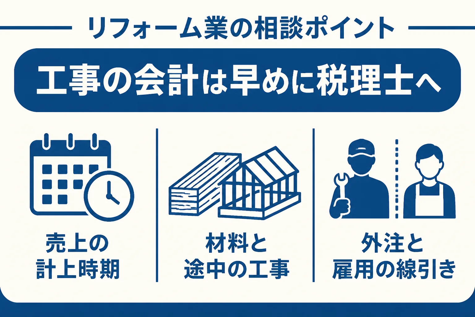 リフォーム業で税理士に相談しやすい工事会計の論点を3つにまとめた図解