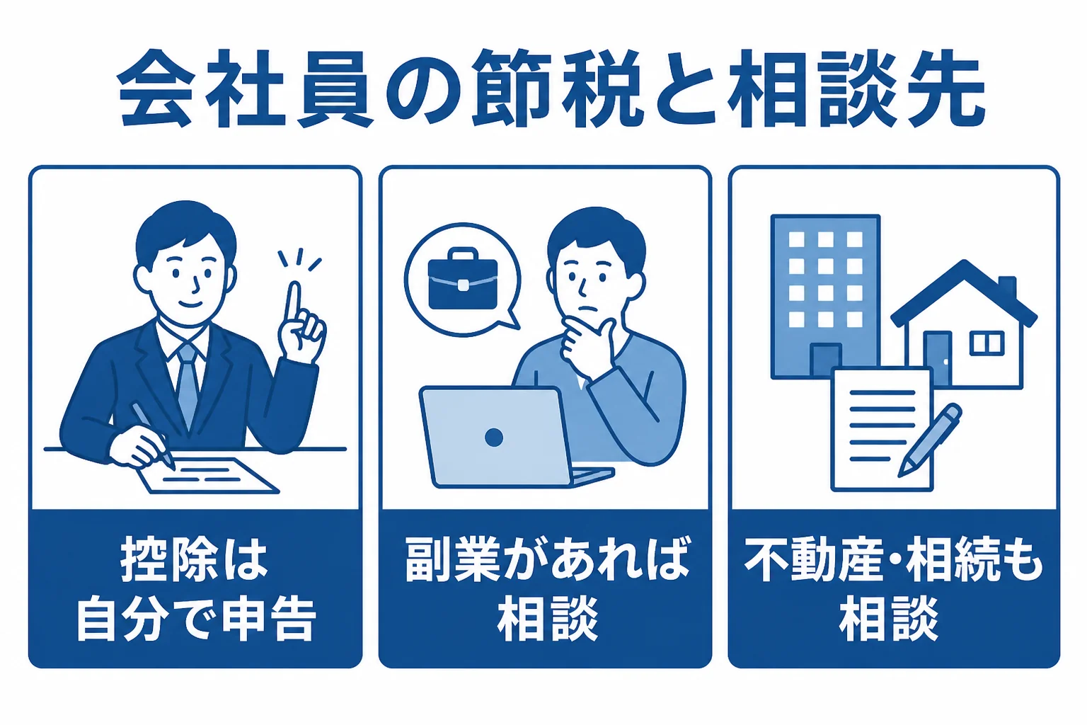 会社員の節税は控除の申告が中心で副業や不動産が絡むと税理士に相談する意味が出ることを示した図解