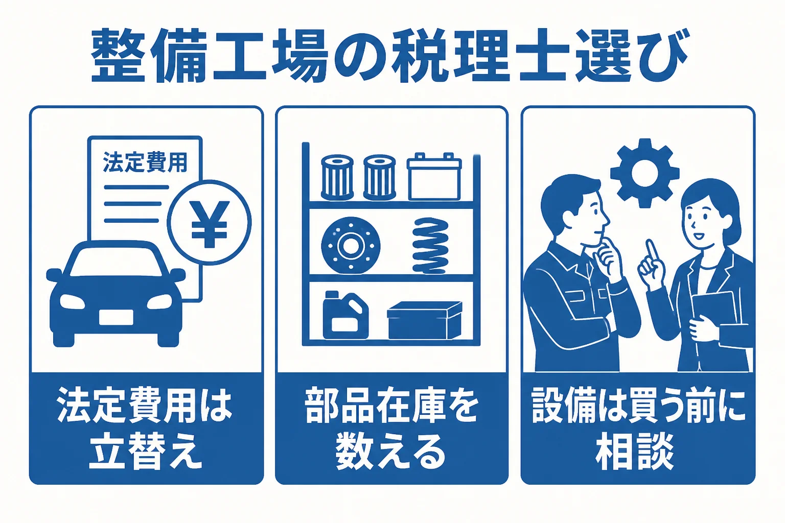 自動車整備工場の税理士選びで確認したい3つの点を表した図解